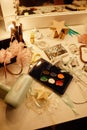 Assorted Makeup Tools and Brushes on Vanity Table Royalty Free Stock Photo