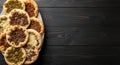 Assorted Manakish Flatbreads with Zaatar Cheese and Minced Meat on Silver Platter Royalty Free Stock Photo