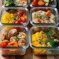 Assorted meal prep containers with grilled chicken, vegetables, and rice. Fresh, colorful, and healthy options for a Royalty Free Stock Photo