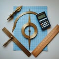 Assorted measuring tools and a calculator are arranged on a white surface. Royalty Free Stock Photo
