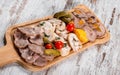 Assorted meat appetizer, beef tongue, ham, stuffed chicken roll, meat roll with pepper, greens on cutting board over background Royalty Free Stock Photo