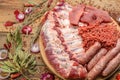 assorted meat. Arrange the raw pork ribs, minced meat, sausages, and carbonate on a round cutting board. Seasonings for Royalty Free Stock Photo
