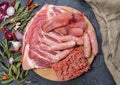 assorted meat. Arrange the raw pork ribs, minced meat, sausages, and carbonate on a round cutting board. Seasonings for Royalty Free Stock Photo