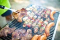 Assorted meat from chicken, pork and various vegetables on barbecue grill Royalty Free Stock Photo