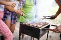 Assorted meat from chicken, pork and various vegetables on barbecue grill Royalty Free Stock Photo