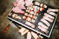 Assorted meat from chicken, pork and various vegetables on barbecue grill Royalty Free Stock Photo