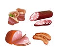 Assorted meat. Cold appetizer. Cutting meat. Meat roll with greens. Vector.