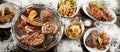 Assorted meat and side dishes for a winter BBQ