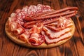 Assorted meat snacks on a wooden cutting board. Sausage, ham, bacon, smoked meats. Stock photo of meat products with blank space