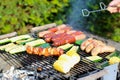 Assorted meat and vegetables on barbecue gril Royalty Free Stock Photo