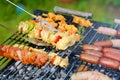 Assorted meat and vegetables on barbecue gril Royalty Free Stock Photo