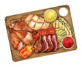 Assorted meats and vegetablesl grilled. Watercolor illustration