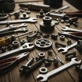 Assorted mechanical tools and gears on wooden workbench surface Royalty Free Stock Photo
