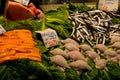 Assorted mediterannean fish and roe with price tags