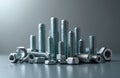 Assorted metal bolts and nuts arranged on a grey surface. Various sizes of fasteners are displayed in a still life composition. Royalty Free Stock Photo