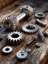 Assorted metal gears and bolts arranged on a rustic wooden surface Royalty Free Stock Photo