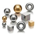 Assorted metallic objects including spheres, cubes, and rings in various sizes and finishes Royalty Free Stock Photo