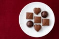 Assorted milk and dark chocolate candy on a white plate on a red background Royalty Free Stock Photo