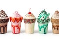 Assorted milkshakes with various toppings isolated on white background Royalty Free Stock Photo