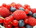 Berries in bowl, assorted mix of fruits, raspberry, red currant, blueberry against a white background Royalty Free Stock Photo