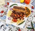 Assorted mix grills with tikka boti seekh kabab of chicken, beef, lamb, mutton, fries, pita bread bbq platter served in dish