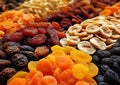 Assorted mix of sweet dried fruit close up in street market.Macro.AI Generative Royalty Free Stock Photo