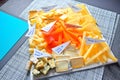 Assorted French cut slice cheese platter Royalty Free Stock Photo