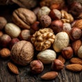 Assorted mixed nuts scattered on wooden surface Royalty Free Stock Photo