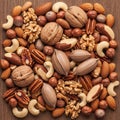 Assorted mixed nuts spread across a wooden surface, featuring Royalty Free Stock Photo