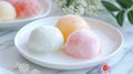 Assorted mochi ice cream on a white plate. Japanese cuisine dessert concept
