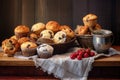assorted muffins on a distressed wooden table with burlap