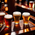 Assorted mugs and glasses of beer ale on wooden tabletop in pub and bar Royalty Free Stock Photo