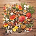 Assorted mushrooms on wooden background