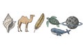 Assorted natural elements with a camel, feather, turtle, whale, and planet Royalty Free Stock Photo