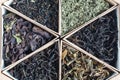 Assorted natural herbal teas from currant ivan tea and others close up Royalty Free Stock Photo