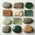 Assorted natural material samples in top down view. Stone, glass, wood, and metal textures. Collection of diverse natural Royalty Free Stock Photo