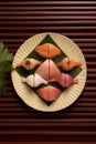 Assorted nigiri sushi on a bed of bamboo leaves