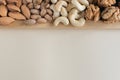 Assorted nuts: almonds, pistachio, cashews, walnut . Vegetarian snack. Flatlay organic mixed nuts background. Healthy food, useful