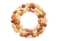 Assorted nuts arranged in a circular pattern on white background Royalty Free Stock Photo