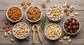 Assorted nuts are arranged in six Royalty Free Stock Photo