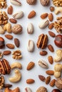 Assorted nuts background with copy space, top view, realistic stock photo on white, bright colors