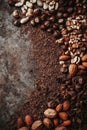 Assorted Nuts, Chocolate and Cocoa on Dark Rustic Background Royalty Free Stock Photo