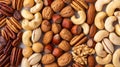 Assorted nuts creating a vibrant and textured natural background for appealing visuals