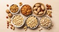 Assorted nuts displayed in bowls on Royalty Free Stock Photo