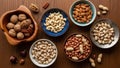 Pecans cashews almonds pistachios Pistacia vera hazelnuts and peanuts Royalty Free Stock Photo