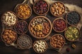 assorted nuts and dried fruit background. organic food in wooden bowls, top view Royalty Free Stock Photo