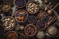 assorted nuts and dried fruit background. organic food in wooden bowls, top view Royalty Free Stock Photo