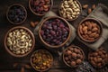 assorted nuts and dried fruit background. organic food in wooden bowls, top view Royalty Free Stock Photo