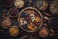 assorted nuts and dried fruit background. organic food in wooden bowls, top view Royalty Free Stock Photo