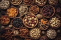 assorted nuts and dried fruit background. organic food in wooden bowls, top view Royalty Free Stock Photo